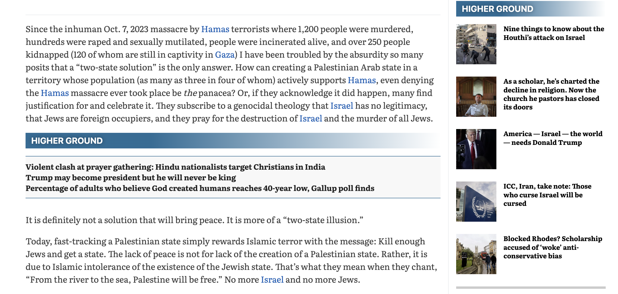 HigherGroundTimes: Time to call on America's Christians to restore Gaza